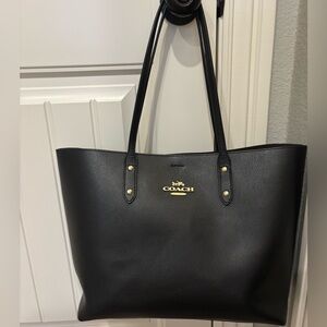 Coach Black Leather Tote with Gold Emblem